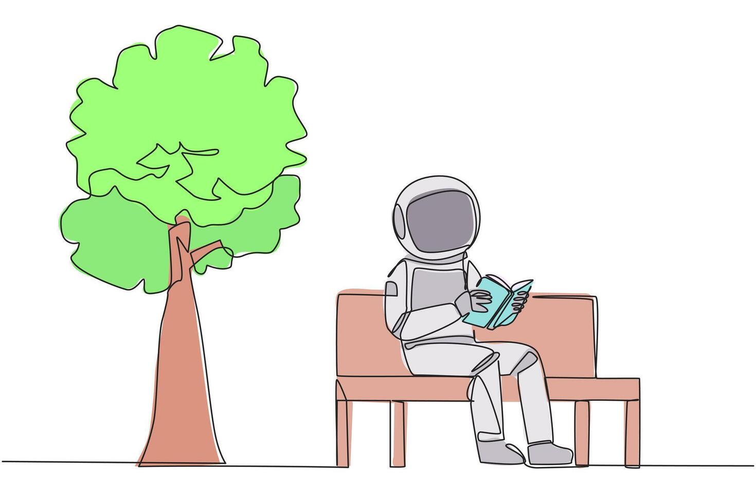 soltero uno línea dibujo astronauta sentado en parque banco leyendo libro. aprender por releyendo libro de texto. leer a obtener máximo marcas. leyendo incrementar conocimiento. continuo línea diseño gráfico ilustración vector