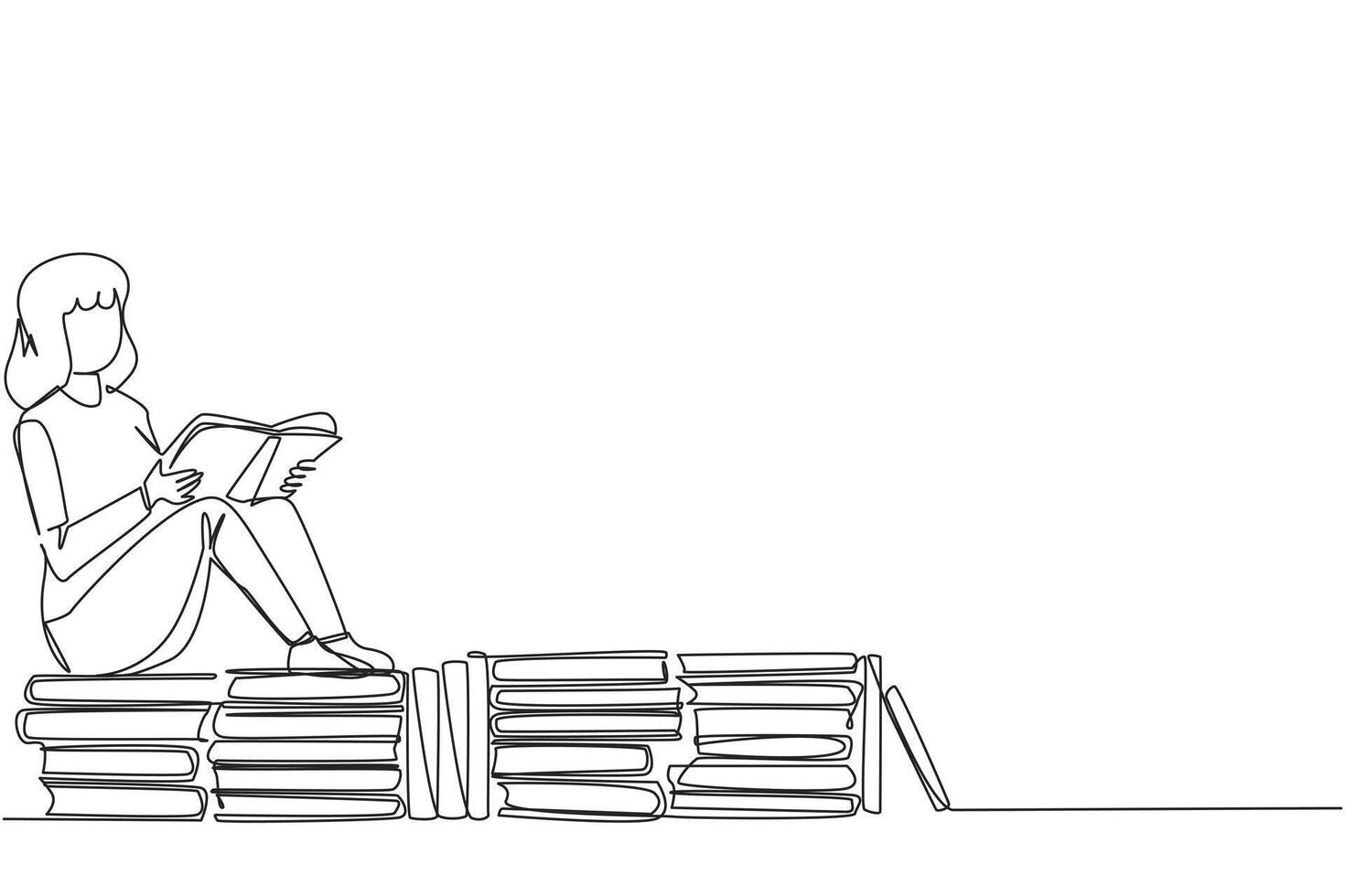 Single continuous line drawing woman sitting relaxed reading a book on pile of books. Relax while reading fiction books. Enjoy the storyline. Book festival concept. One line design illustration vector