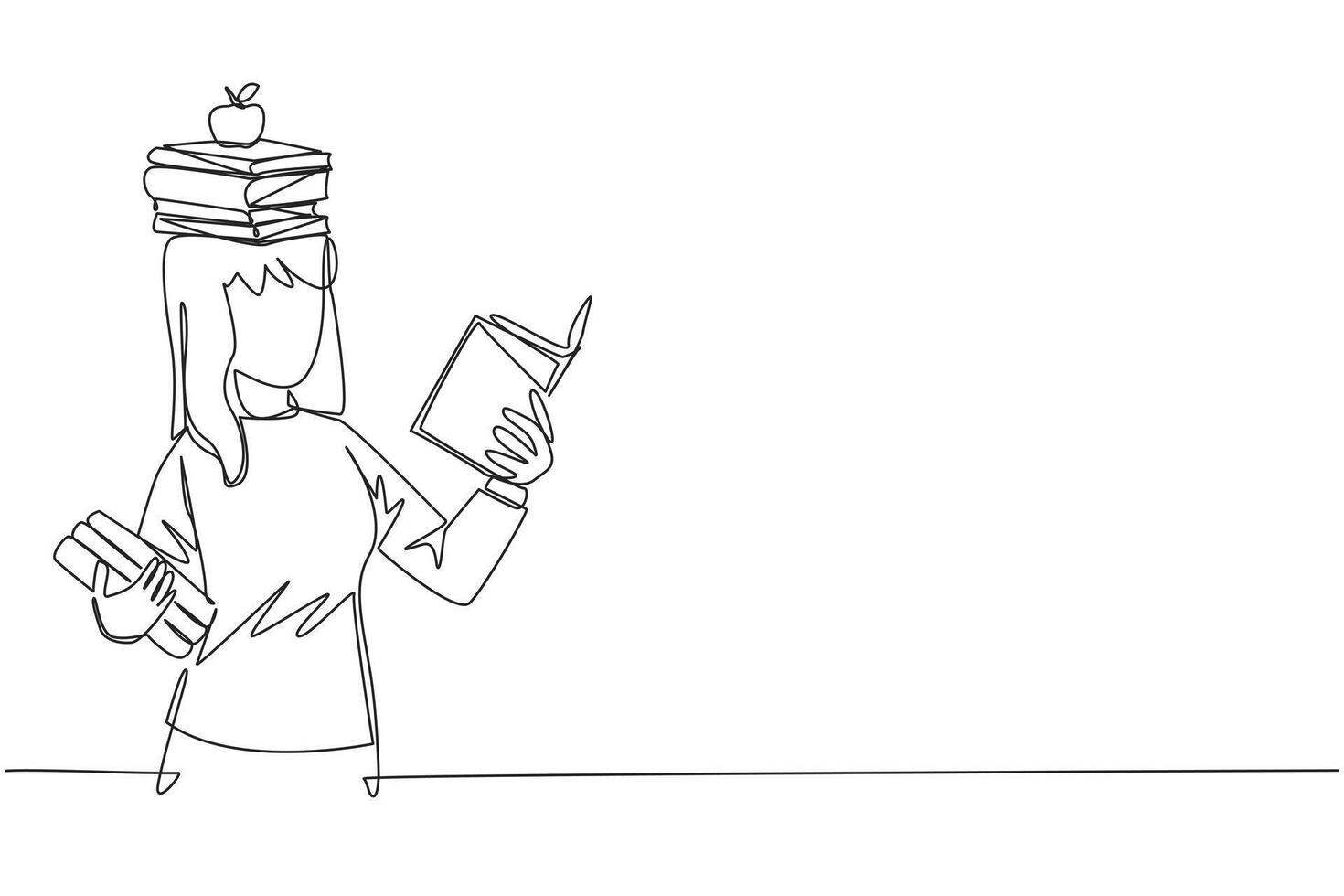 Single one line drawing woman reading book practicing balance. Stack books on top of head along with the apple. Balancing reading rhythm, train focus. Love read. Continuous line graphic illustration vector