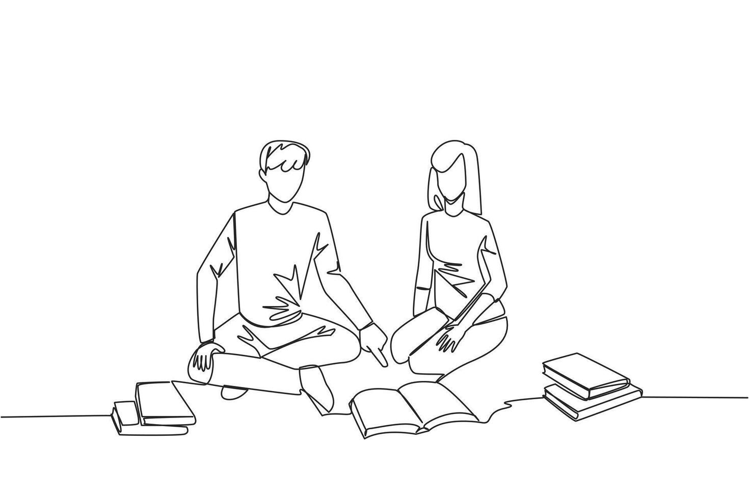 Single continuous line drawing man woman reading books happily. Good reading interest. Really enjoy reading story books. Reading everywhere. Book festival concept. One line design illustration vector