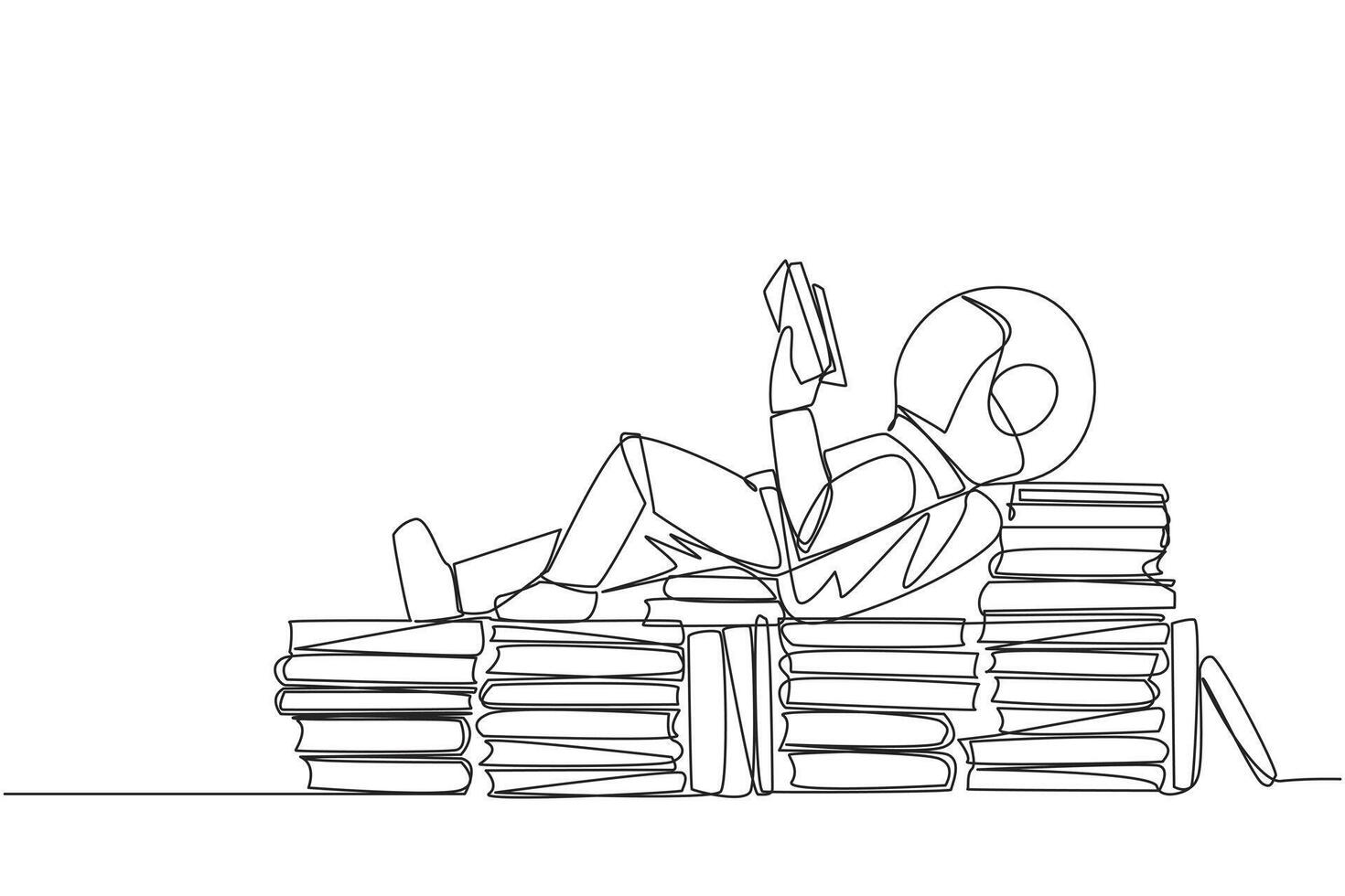 Single one line drawing astronaut lying down on a stack of books lined up. Relax while reading the fiction book. Enjoy the storyline. Book festival concept. Continuous line design vector