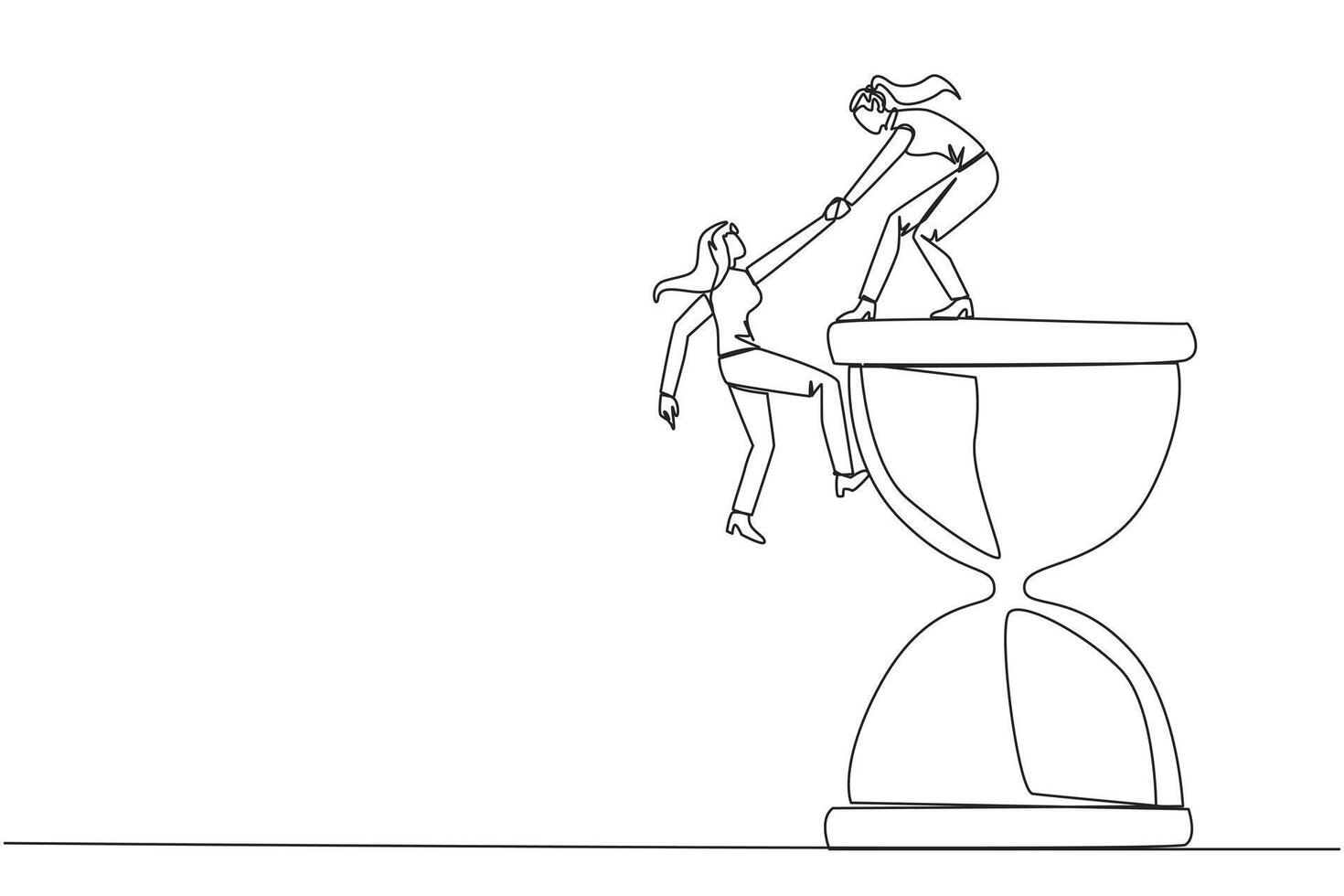 Single one line drawing businesswoman helps colleague climb the large hourglass. Have many assignment deadlines. Sharing with colleagues will become easier. Continuous line design graphic illustration vector