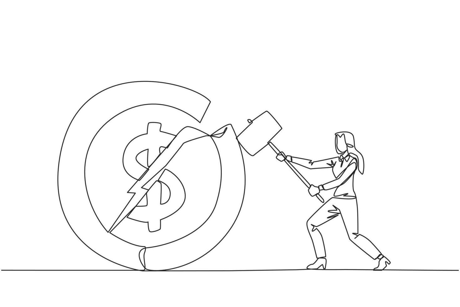 Single one line drawing businesswoman preparing to hit a large coin with dollar symbol. Failed to get new investor. Failed to get income. Expressing anger. Continuous line design graphic illustration vector