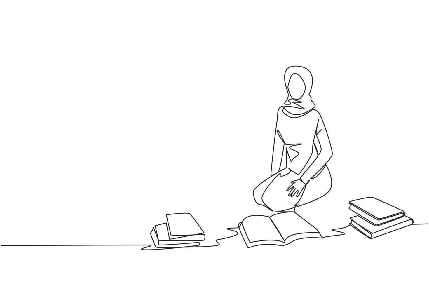 Single continuous line drawing Arabian woman reading the books happily. Good reading interest. Really enjoy reading story books. Reading everywhere. Book festival concept. One line illustration vector