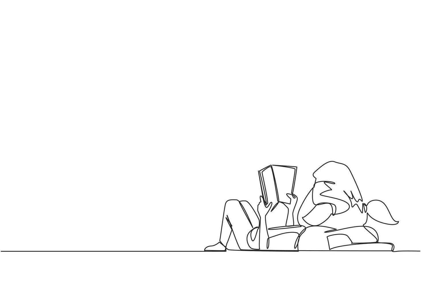 Single one line drawing girl lying on back reading book. Reading favorite comic. Big fan of fiction books. Enjoy the storyline. Reading increases insight. Continuous line design graphic illustration vector