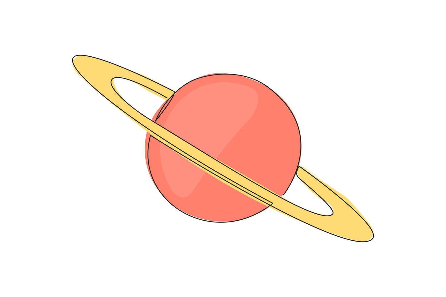 Single one line drawing planet saturn in space. Has the characteristic ring that surrounds the planet. Ring particles made of water ice and rock material. Continuous line design graphic illustration vector