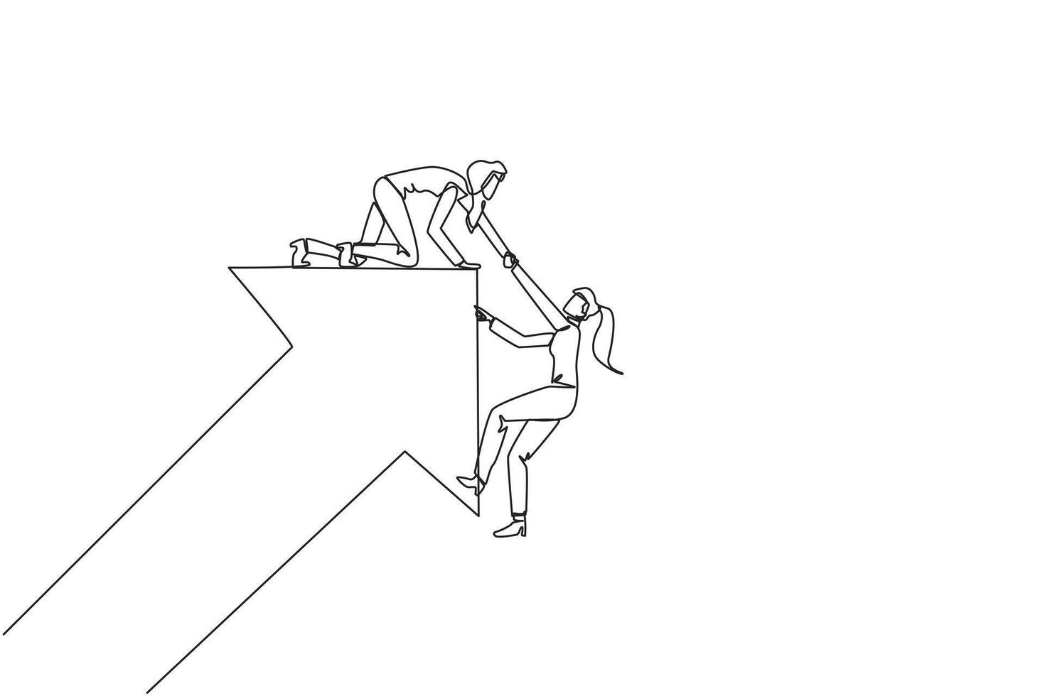Continuous one line drawing businesswoman helps colleague climb rising arrow symbol. Compact team work. Positive effect on company. Complete work correctly. Single line draw design illustration vector