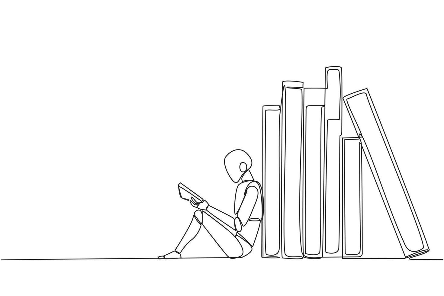 Single continuous line drawing robot reading sitting leaning against pile of books. Habit of reading book every day. Library. Good habit. Book festival concept. One line design illustration vector