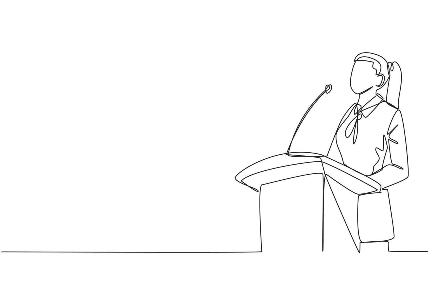 Single one line drawing young happy businesswoman speaking at the podium. Announced greatly improved business balance sheet. A fun speech for all parties. Continuous line design graphic illustration vector