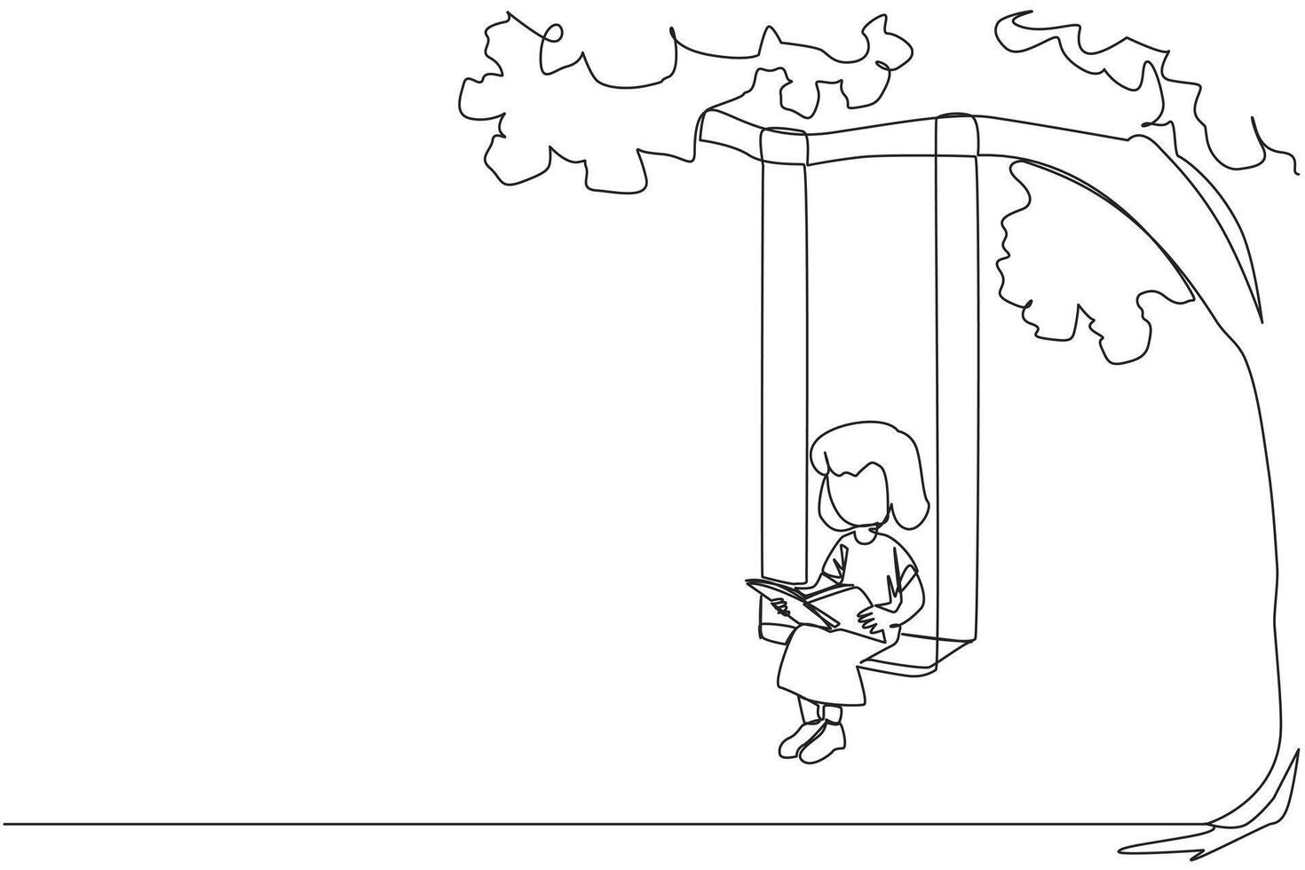Continuous one line drawing girl sitting on swing under a shady tree reading a book. High enthusiasm for reading. Read anywhere. Reading increases insight. Single line draw design illustration vector