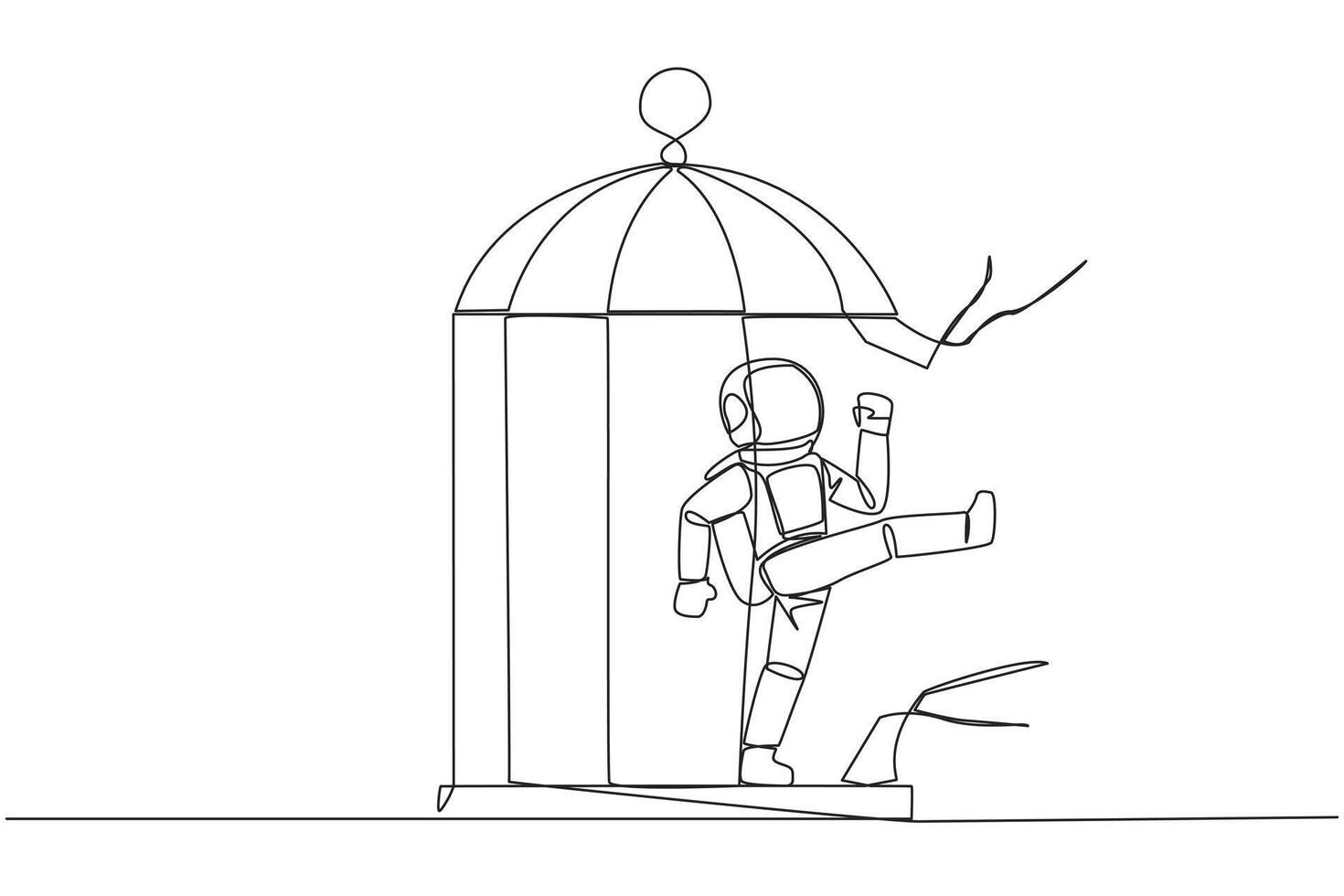 Single one line drawing astronaut trapped in the cage kick the caged until wrecked. Freedom of expression for the smooth running of business. Distractions. Continuous line design graphic illustration vector