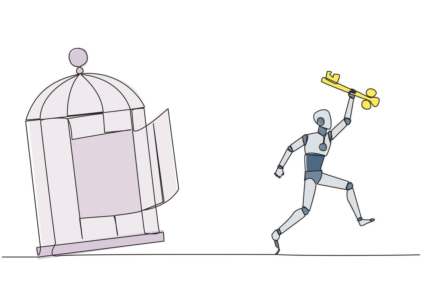 Single continuous line drawing smart robot running out of the cage holding the key. Concept of freedom from something that binds. Freedom to advance business. One line design illustration vector