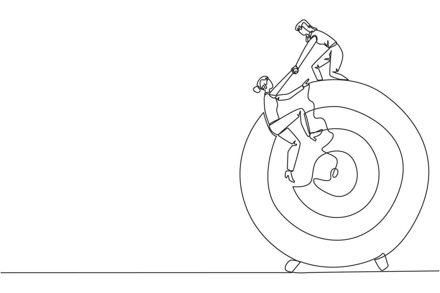 Single one line drawing businesswoman helps colleague climb arrow board target. Metaphors help focus on completing tasks one at time. Success together. Continuous line design graphic illustration vector