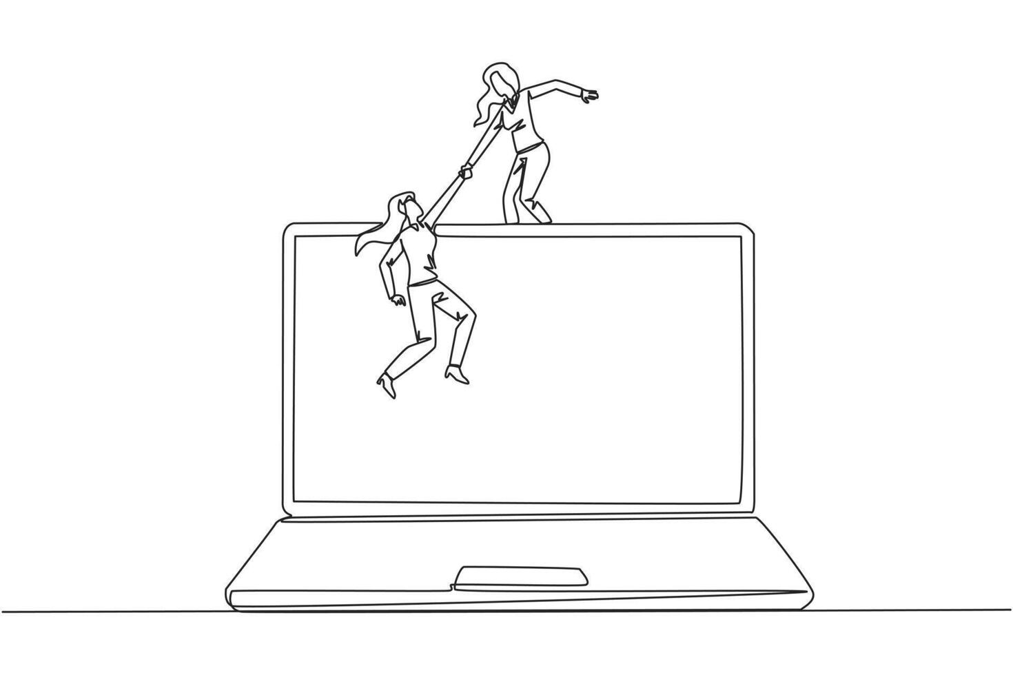 Continuous one line drawing businesswoman helping colleague to climb a laptop computer. Help create applications to develop business online. Great teamwork. Single line draw design illustration vector