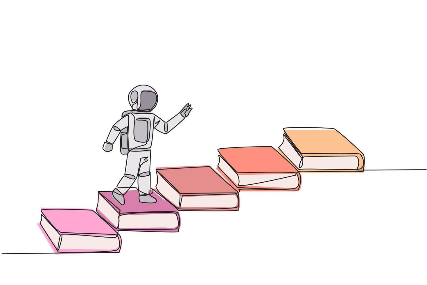 Continuous one line drawing astronaut climb stairs from books. Reading increases knowledge which can increase the dignity of better life. Book festival concept. Single line design illustration vector