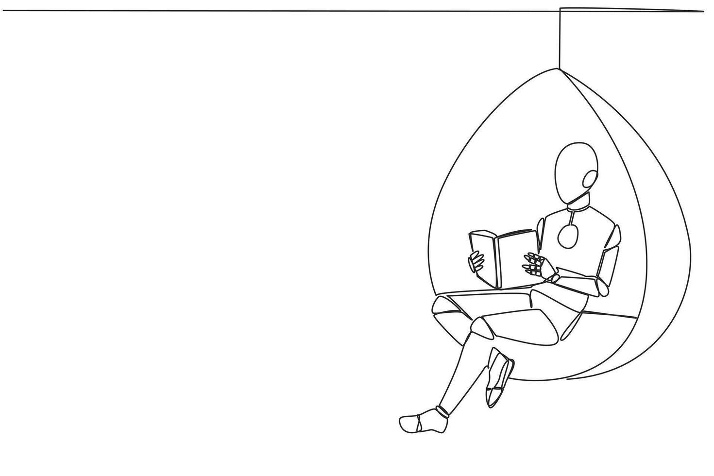 Continuous one line drawing robot sitting relax in hanging chair reading a book. Spending the weekend reading the favorite fiction story book. Love reading. Single line draw design illustration vector