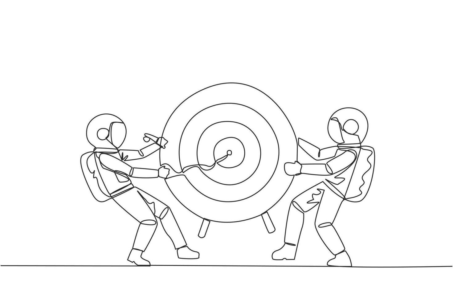 Single continuous line drawing two angry astronaut fighting over arrow target board. Fighting for who will get achievement first. Versus. Attack. Conflict. Space. One line design illustration vector