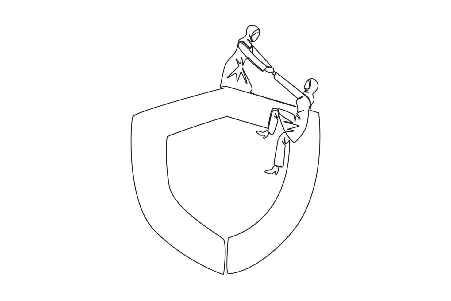 Single one line drawing Arab businesswoman helps colleague climb the big shield. Teamwork keeps colleagues safe from evil businesswoman. Helping each other. Continuous line design graphic illustration vector