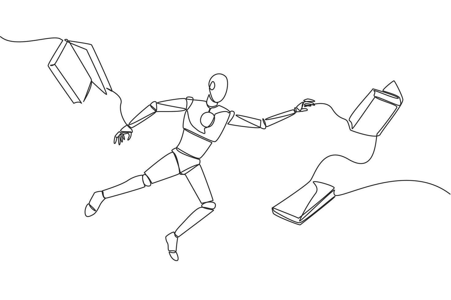 Single continuous line drawing astronaut floating in space trying to pick up books. No gravity makes it float. Basic space knowledge. Tech book festival concept. One line design illustration vector