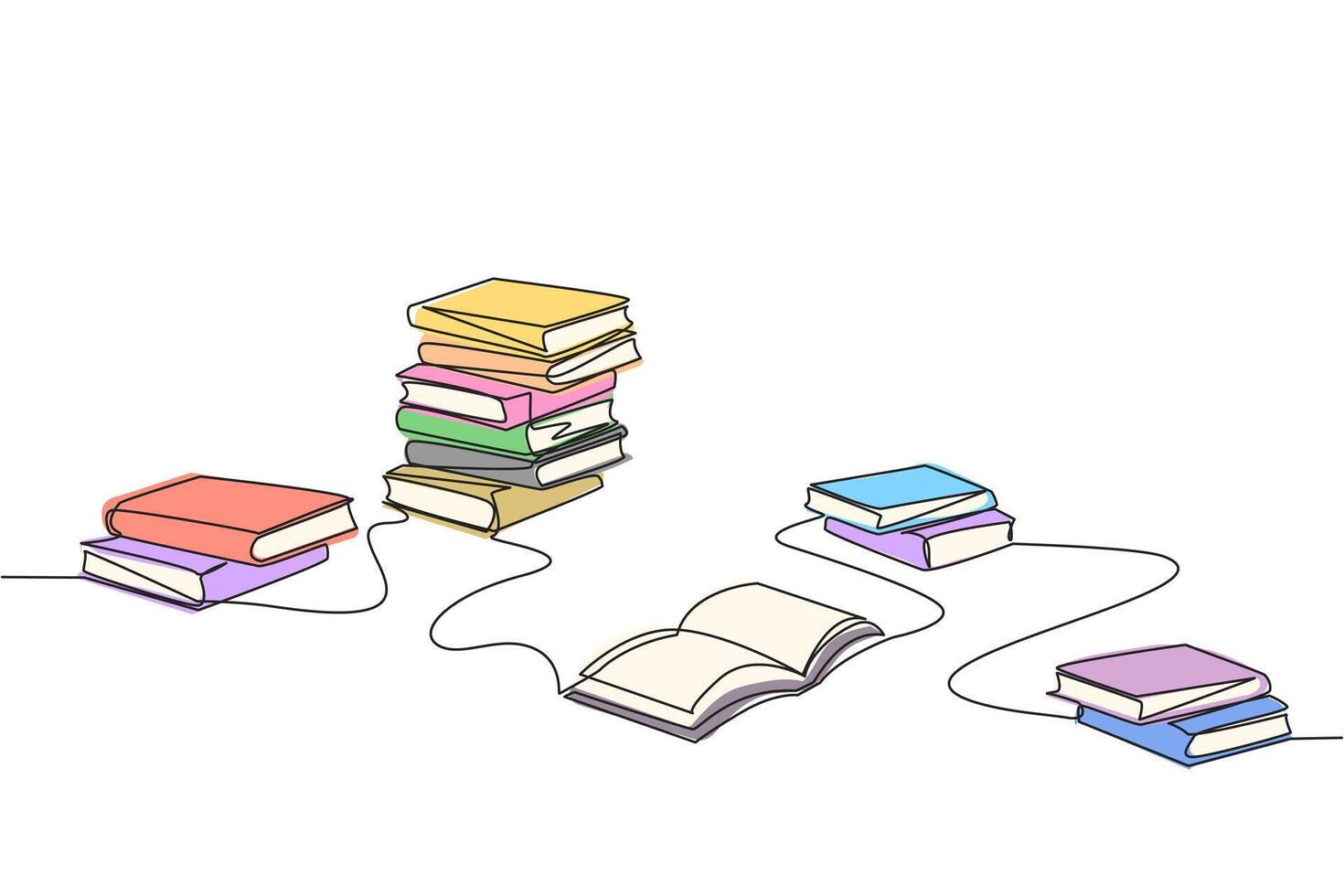 Single continuous line drawing book space festival filled with lots of books. A useful book as a companion for expeditions in space. Explore all of space. Galaxy. One line design illustration vector