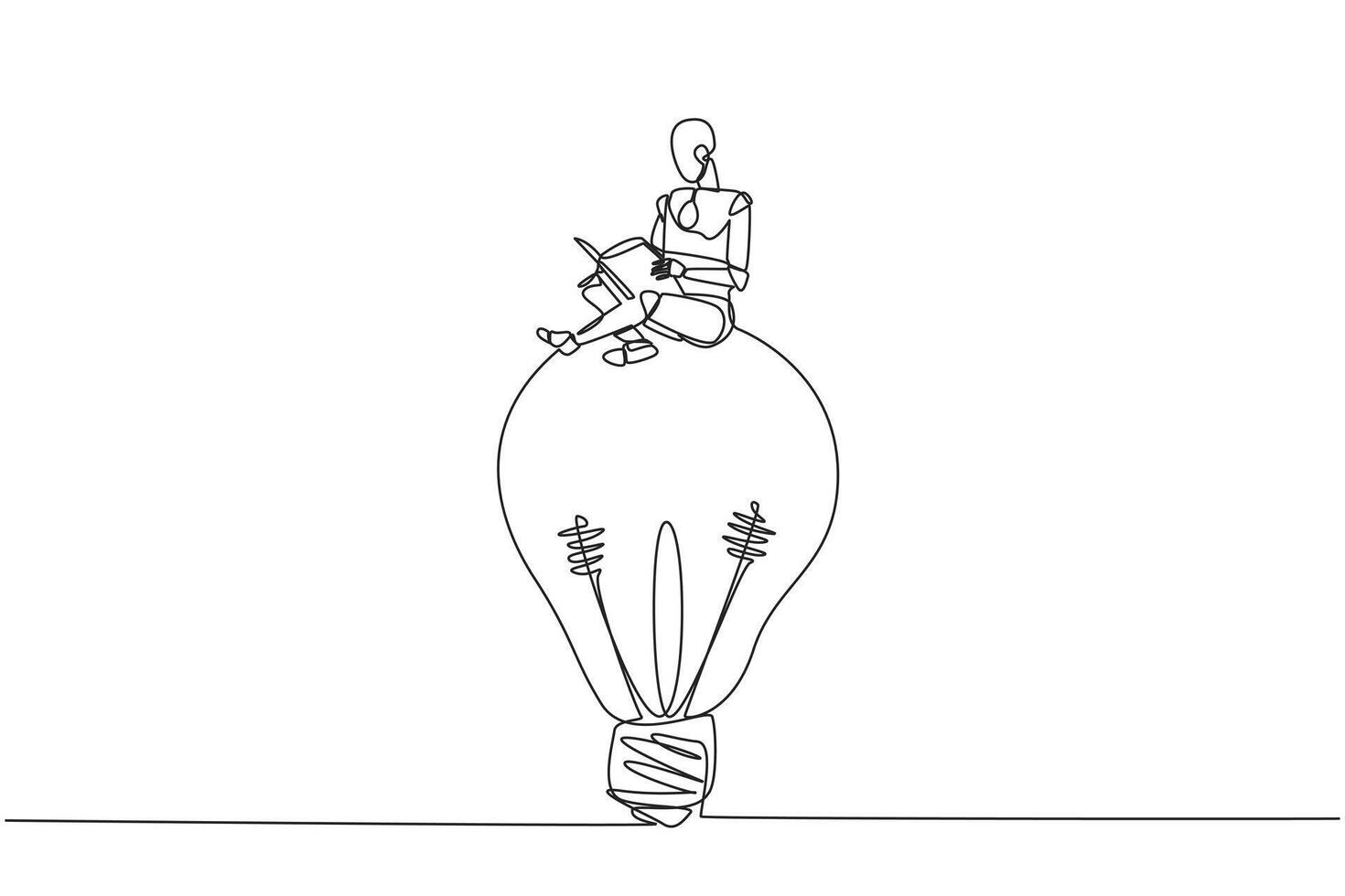 Single continuous line drawing robot sitting on big lightbulb. Read with focus and serious. Metaphor looking for brilliant idea from scientific book. Book festival. One line design illustration vector