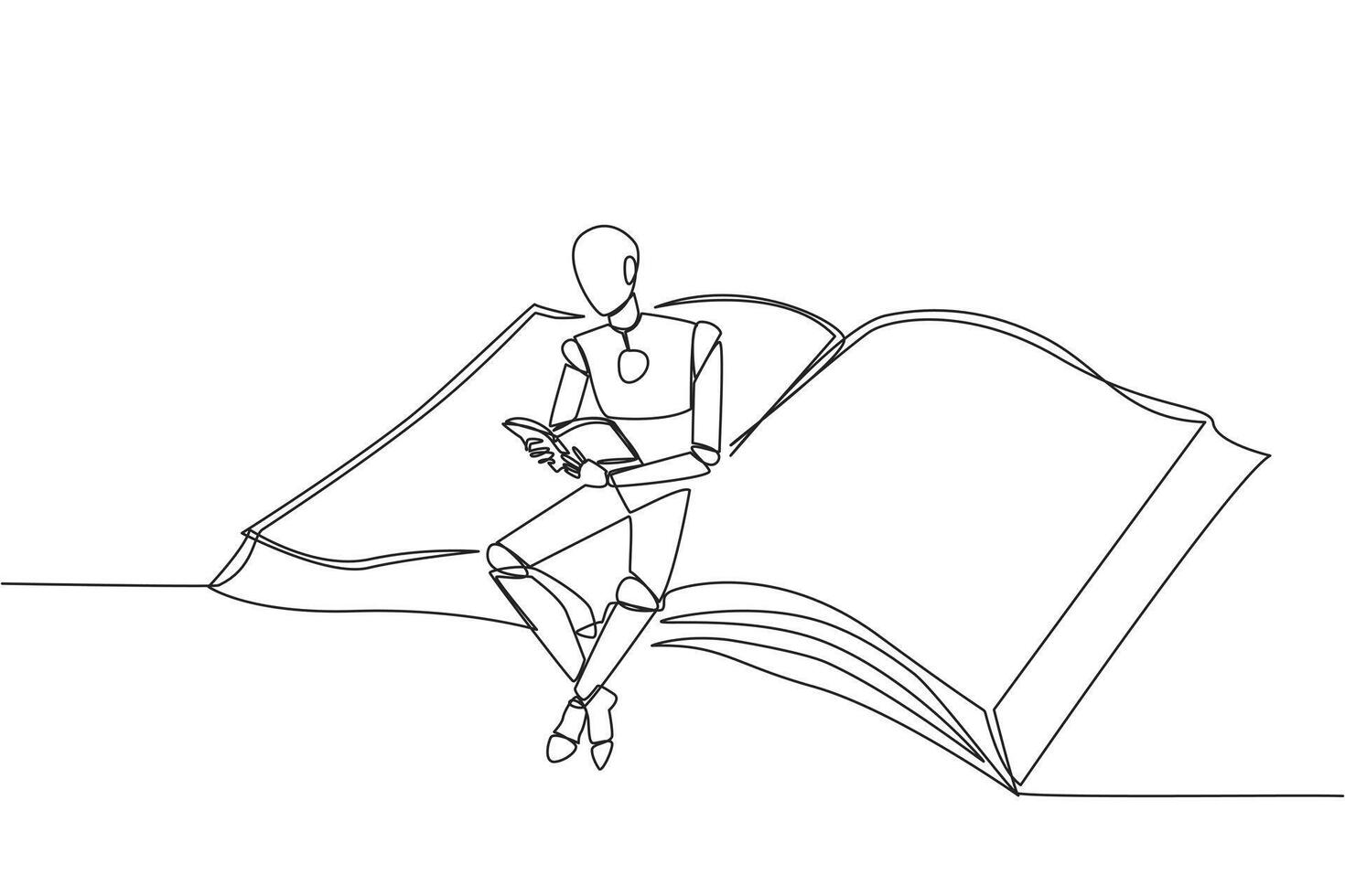 Single continuous line drawing smart robot sitting reading on large flying book. Relax reading like on a carpet flying into the sky. Future technology development. One line design illustration vector