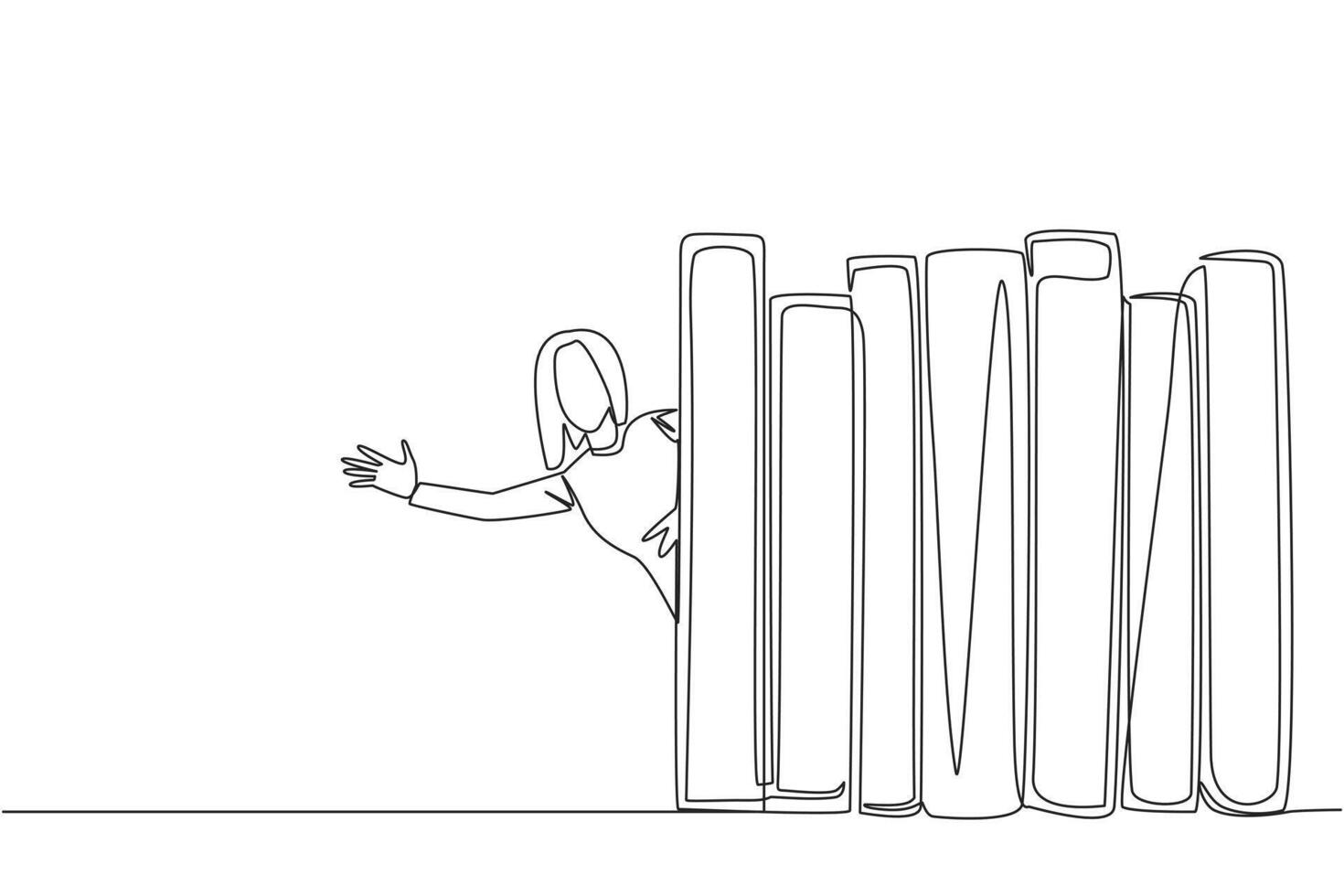 Single one line drawing a woman appears from behind a row of books. Invitation to read books at the library. Like to reading a book. Book festival concept. Continuous line design graphic illustration vector