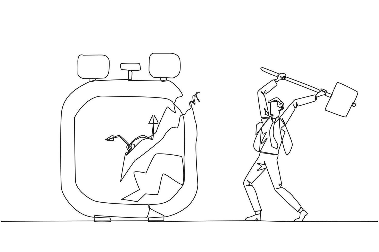 Single continuous line drawing businessman preparing to hit the big alarm clock. Can't manage time well. Many business opportunities disappear. Angry businessman. One line design illustration vector