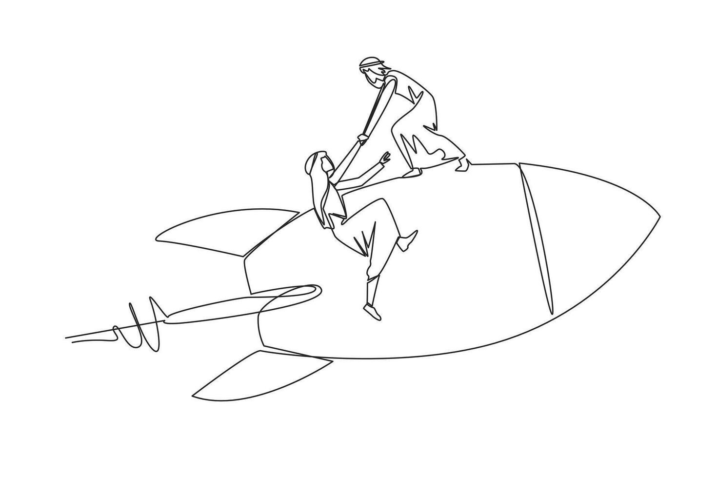 Continuous one line drawing Arabian businessman helps colleague climb flying rocket. Metaphor help in managing company branches. Skyrocketed like the previous business. Single line illustration vector