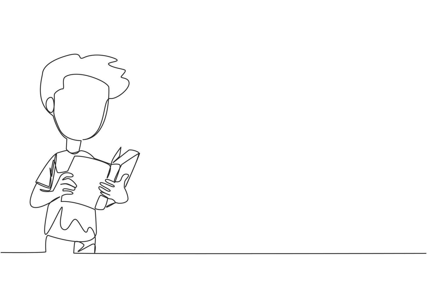 Single one line drawing boy focused on reading. Try to find answers to the tasks given. Seek more knowledge. Reading increases insight. Happy reading. Continuous line design graphic illustration vector