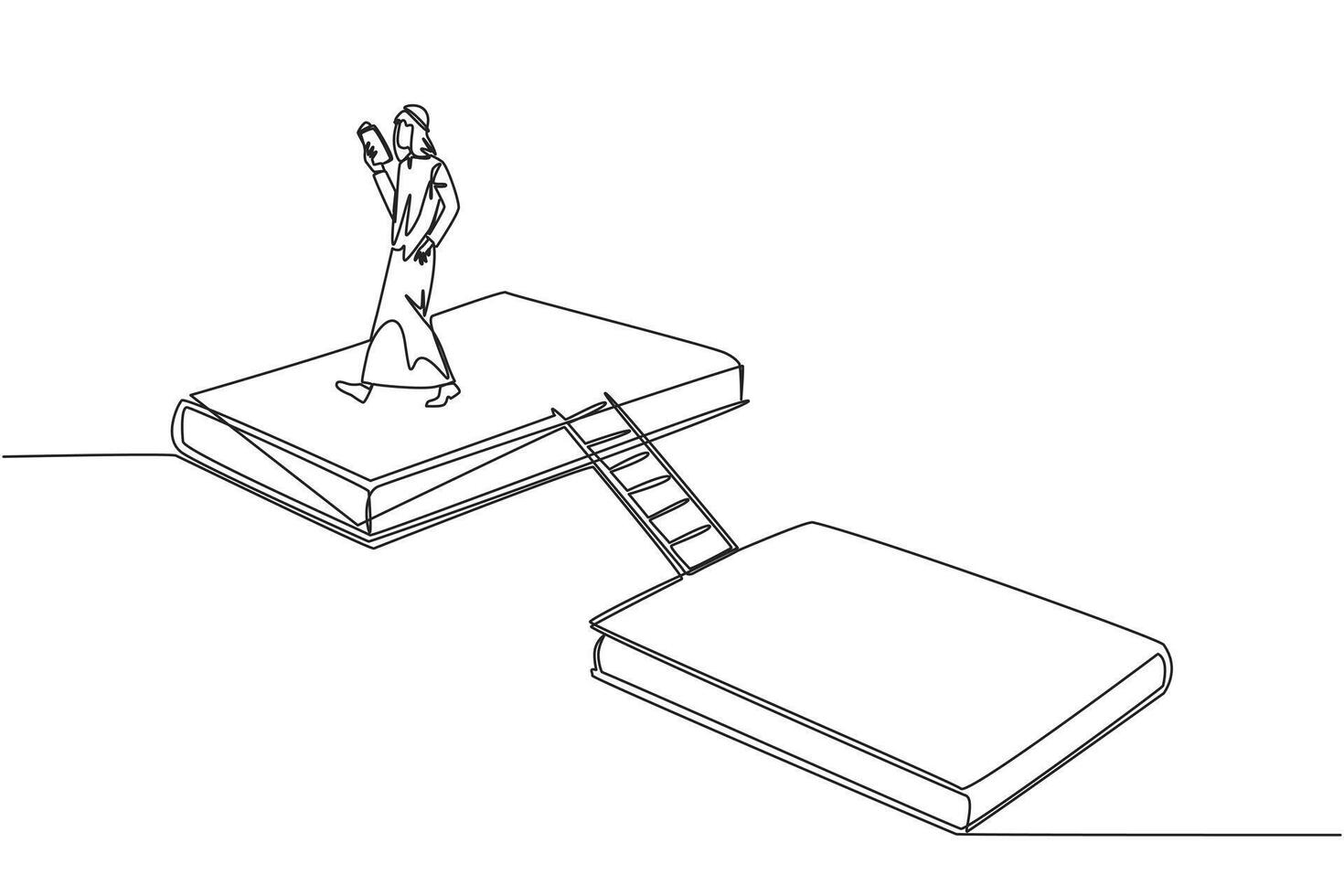 Single continuous line drawing Arabian man walking reading on book. Book exhibition concept. Display many books, scientific books to fiction story books. Book festival. One line illustration vector