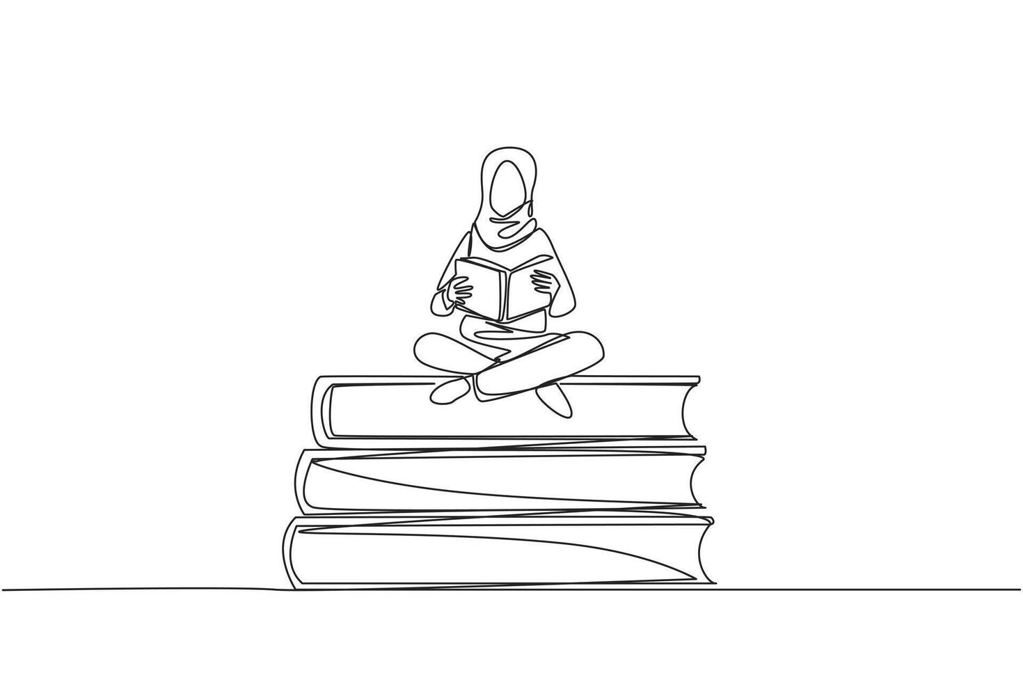 Single one line drawing Arab woman sitting cross-legged on pile of large books. Read comic. Read textbook. Read scientific journal. Read increase insight. Continuous line design graphic illustration vector