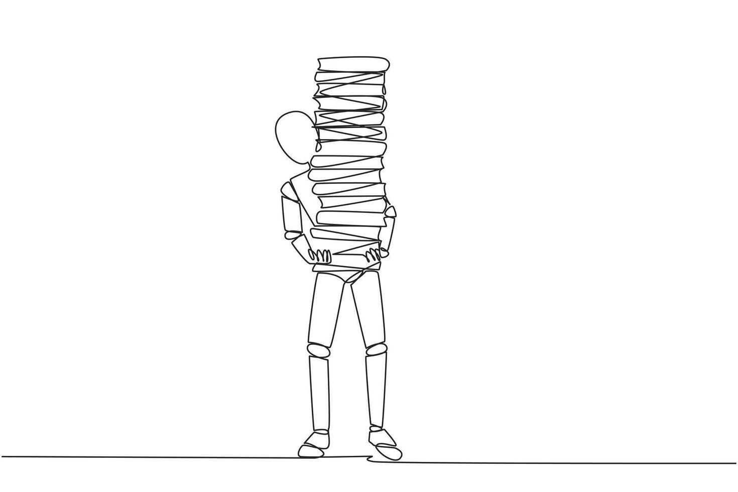 Continuous one line drawing robot carrying tall stack of books covering itself. Newly purchase book from bookstore. Read books one by one at home. Reading. Single line draw design illustration vector