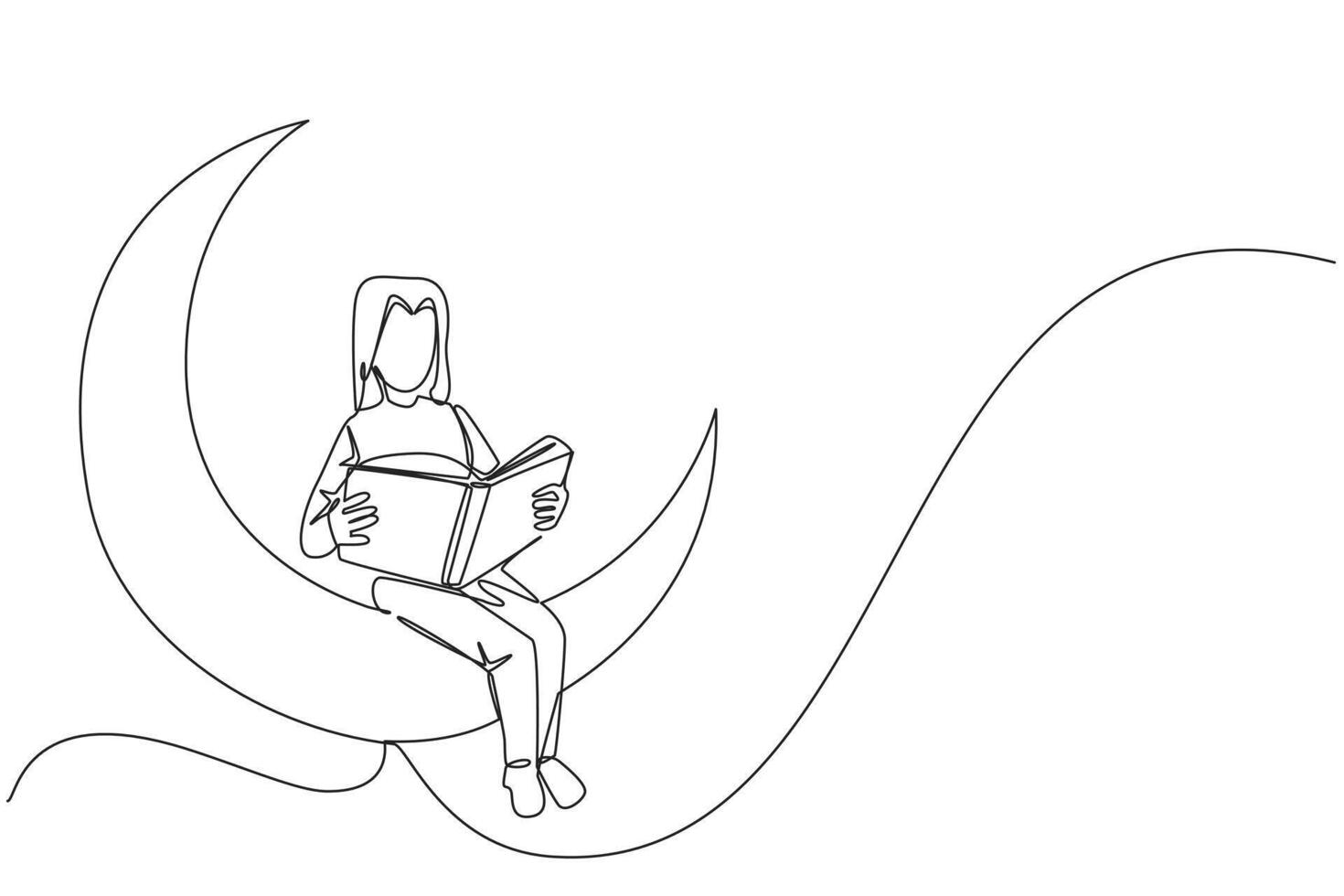 Single one line drawing woman sitting on crescent moon reading a book. Metaphor of reading a fairy story before sleeping. Read until late. Love reading. Continuous line design graphic illustration vector