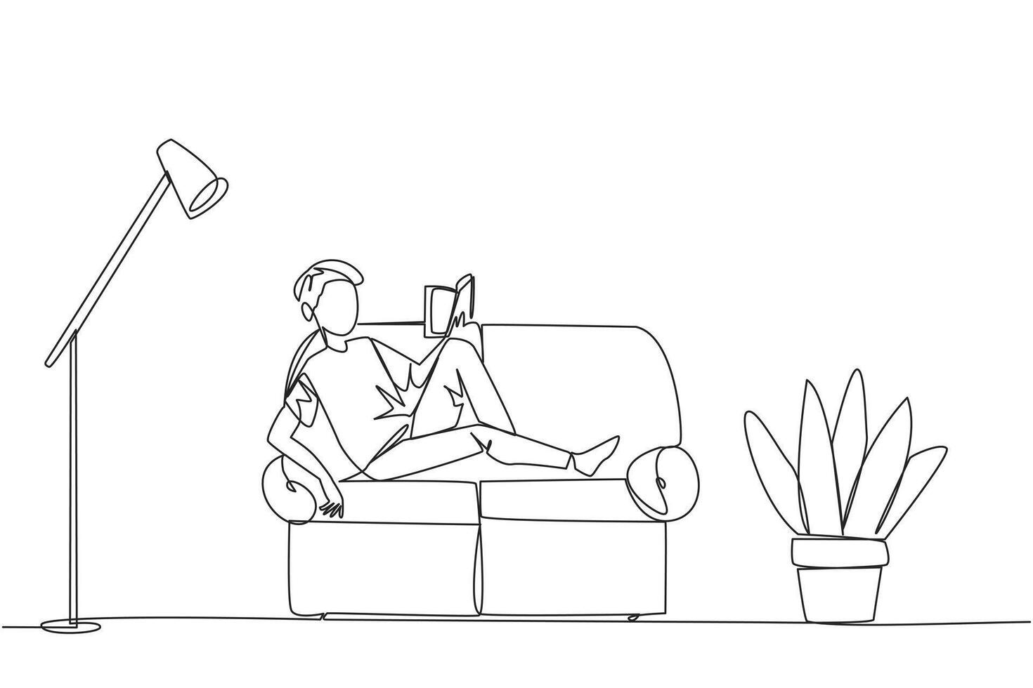 Single continuous line drawing man sitting stretched out on the sofa reading book. Really like the content of the book reading on each page. Impressive. Love read. One line design illustration vector