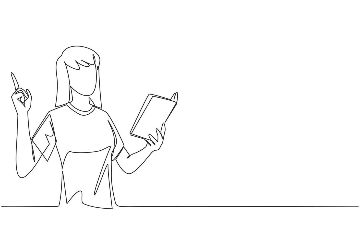 Single continuous line drawing woman standing reading a book. Gesture gets the idea. Books can see from different points of view. Brilliant idea from reading book. One line design illustration vector