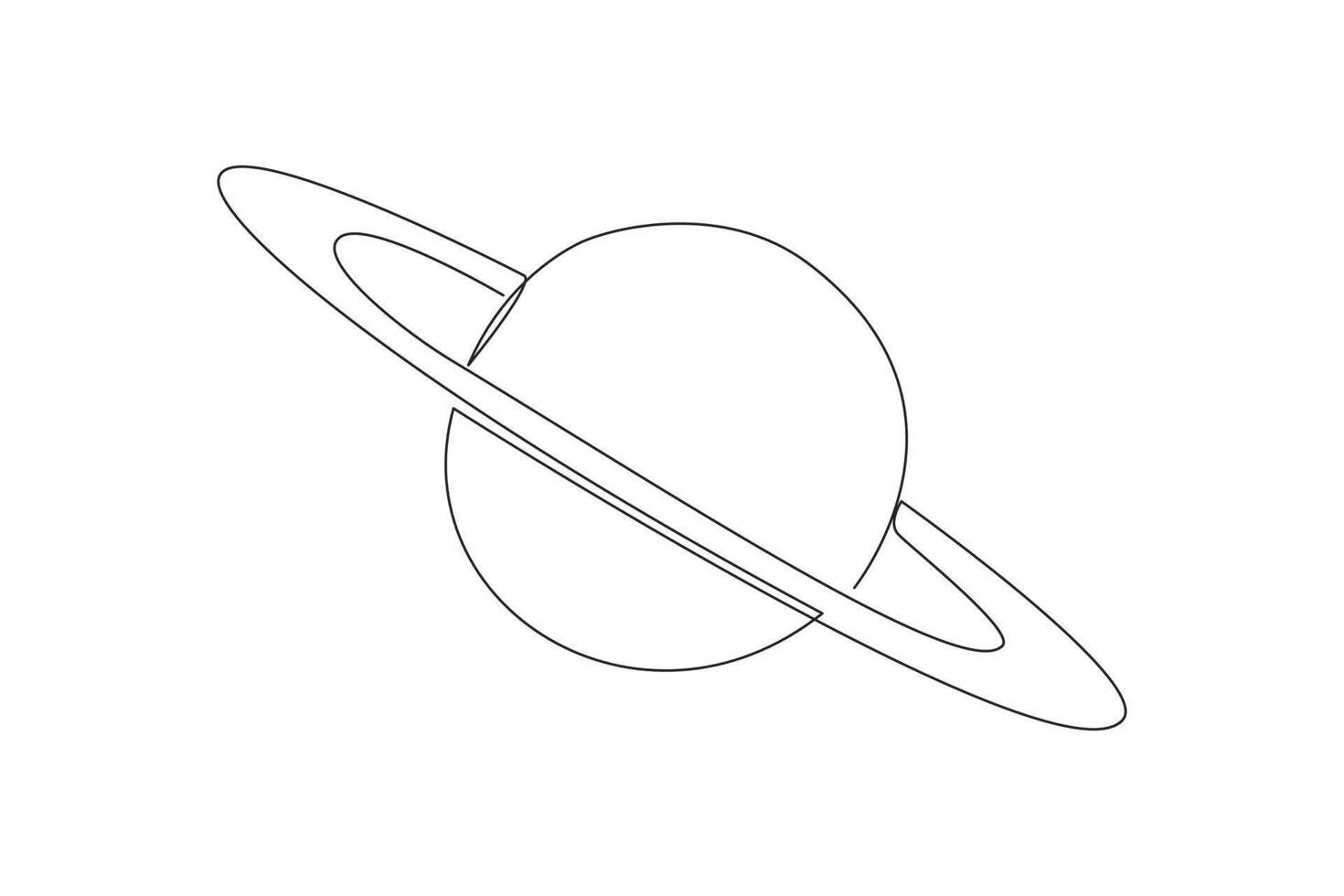 Single one line drawing planet saturn in space. Has the characteristic ring that surrounds the planet. Ring particles made of water ice and rock material. Continuous line design graphic illustration vector