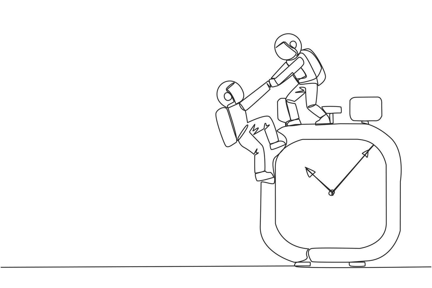 Single continuous line drawing young astronaut helps colleague climb big alarm clock. Helping coworkers. Deadline is coming. Work together for better end result. One line design illustration vector