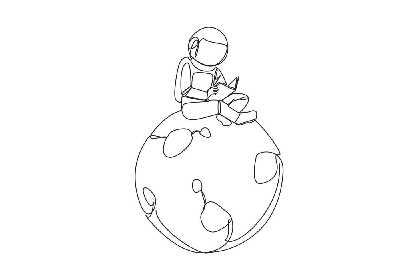 Continuous one line drawing astronaut sitting on the moon reading scientific book. Read note on several places on the moon that must be surveyed. Book fest. Single line draw design illustration vector