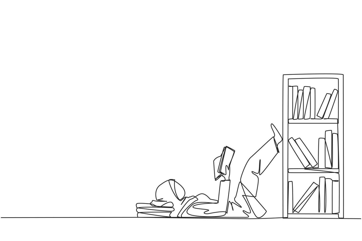 Single one line drawing Arab woman lying on back reading fiction story book near bookcase. Read slowly to enjoy the storyline. Hobby reading. Good habit. Continuous line design graphic illustration vector