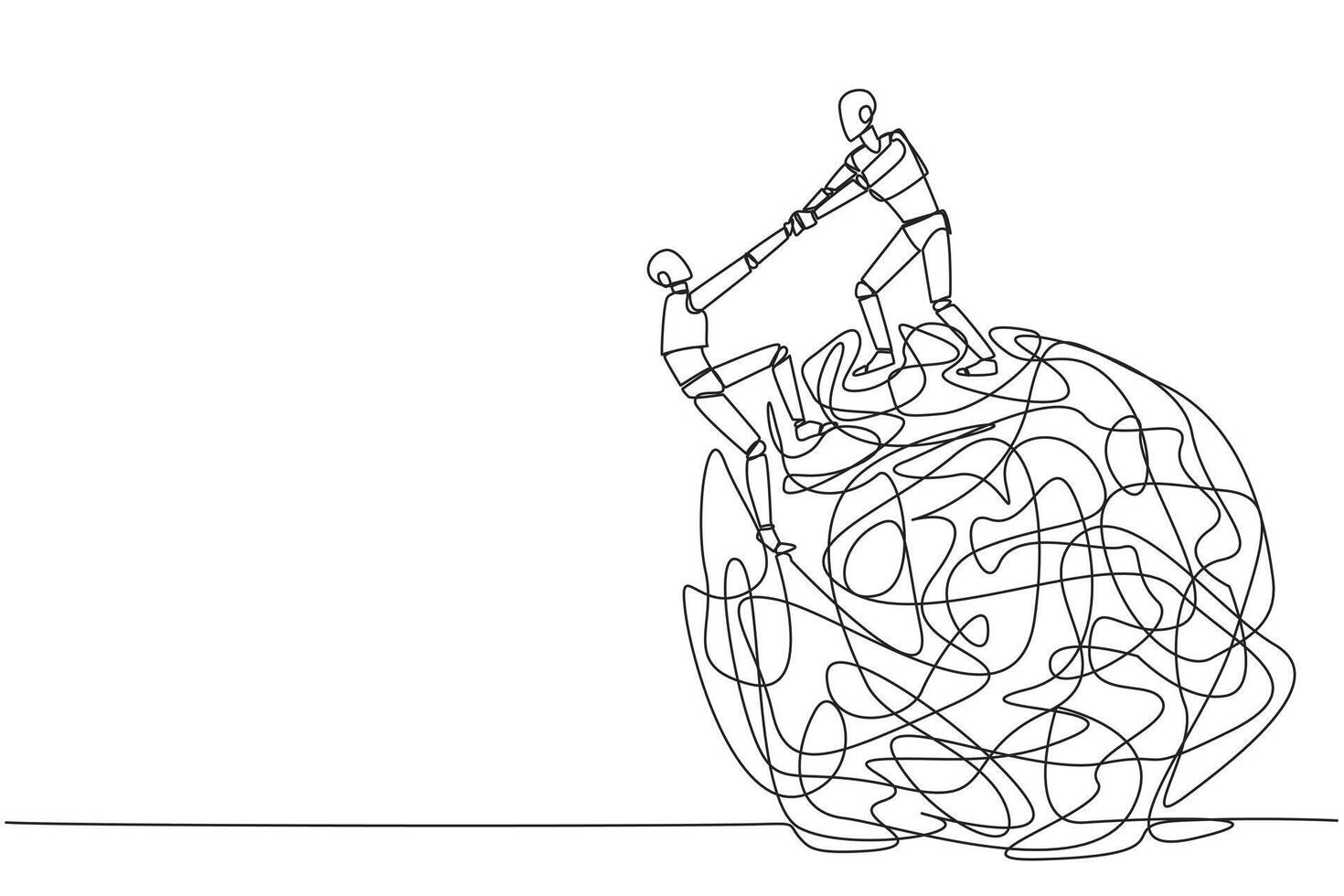 Single one line drawing smart robot helps colleague climbs the big heavy messy circle. Teamwork eliminates anxiety. Eliminate stress to focus on business. Continuous line design graphic illustration vector