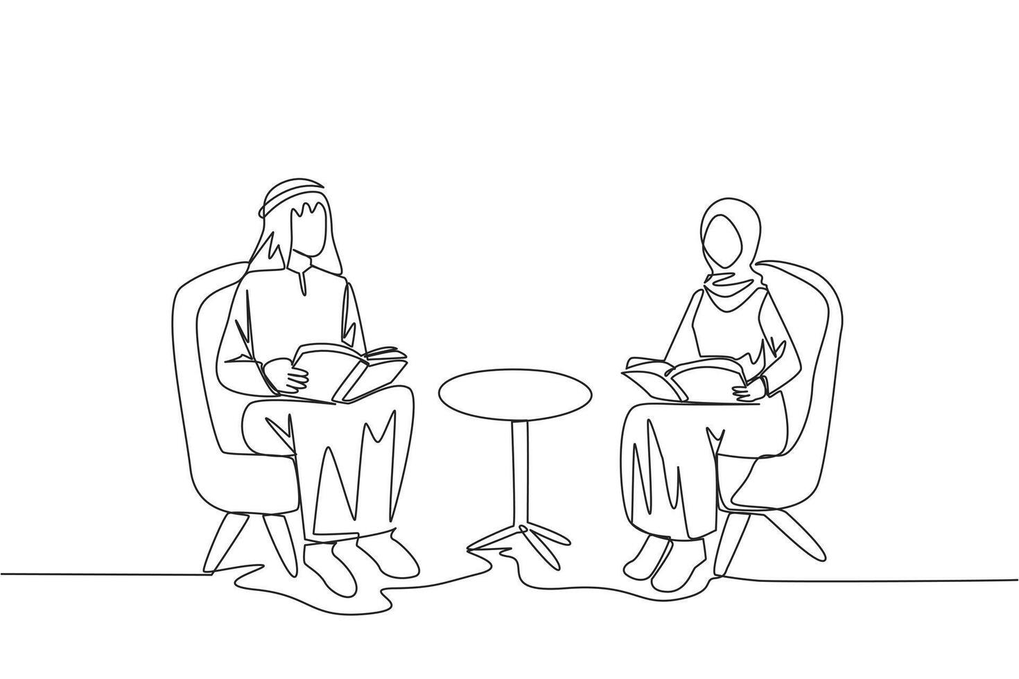 Continuous one line drawing Arab man woman sitting reading on sofa. Reading focus in living room. Fun hobby. Relieve fatigue from daily activities. Book festival. Single line draw illustration vector