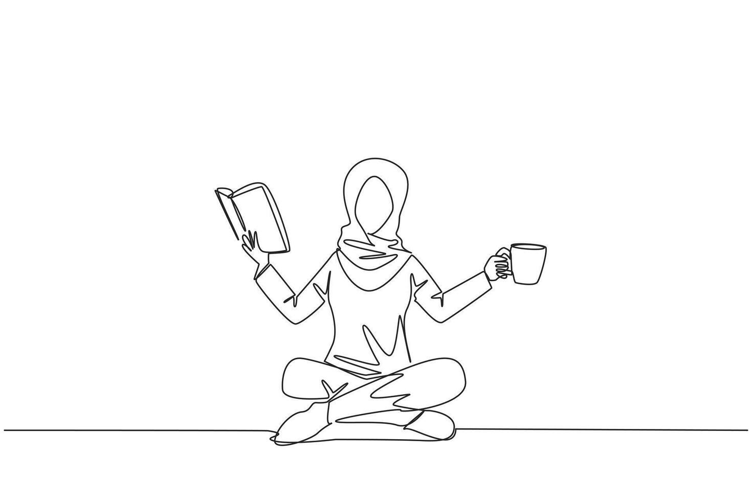 Single continuous line drawing Arabian woman sitting cross-legged reading book. Accompanied by mug of coffee to make reading more interesting. Knowledge. Calmness. One line design illustration vector