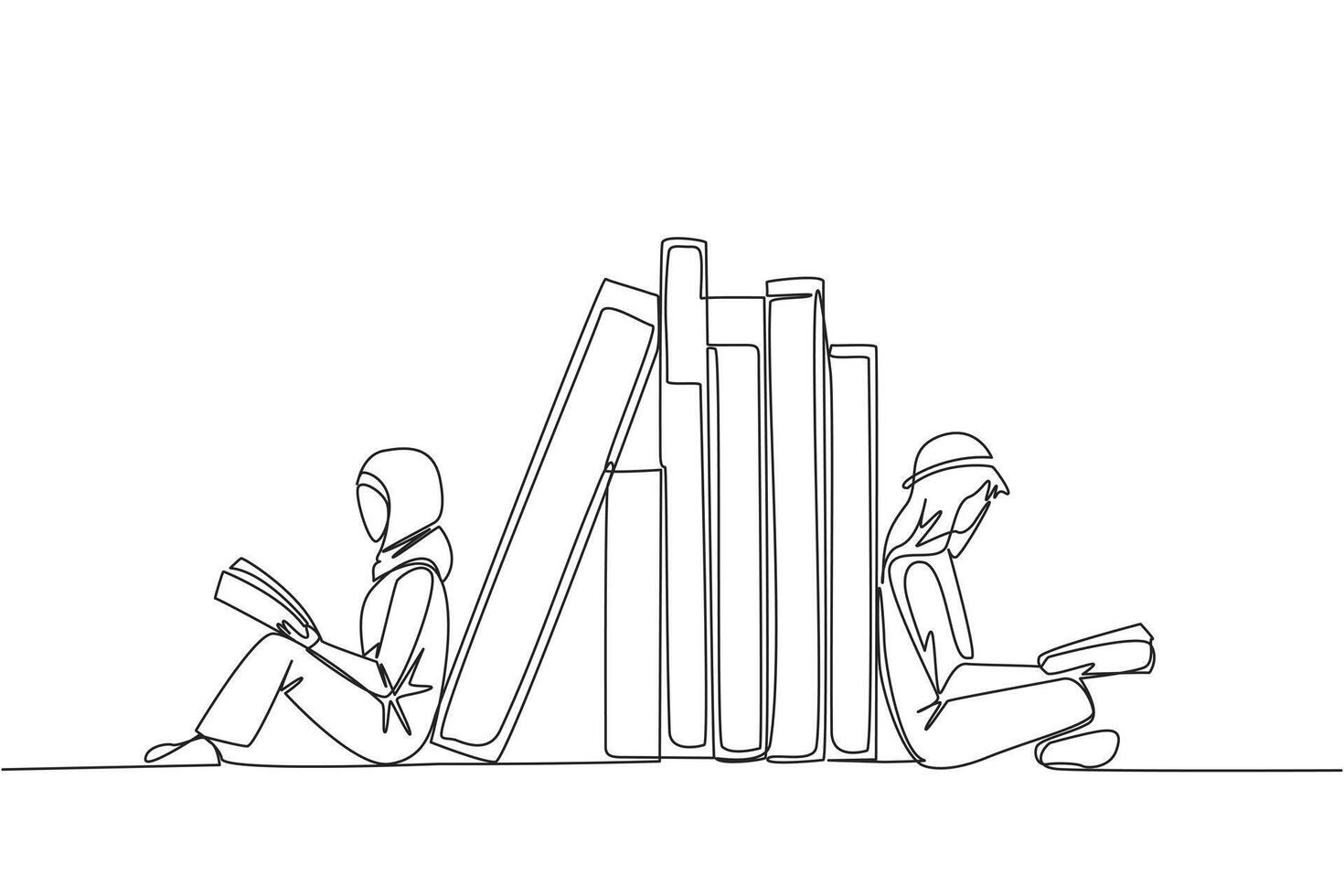 Continuous one line drawing Arab man woman reading sitting leaning against pile of books. Habit of reading book every day. Library. Book festival concept. Single line draw design illustration vector
