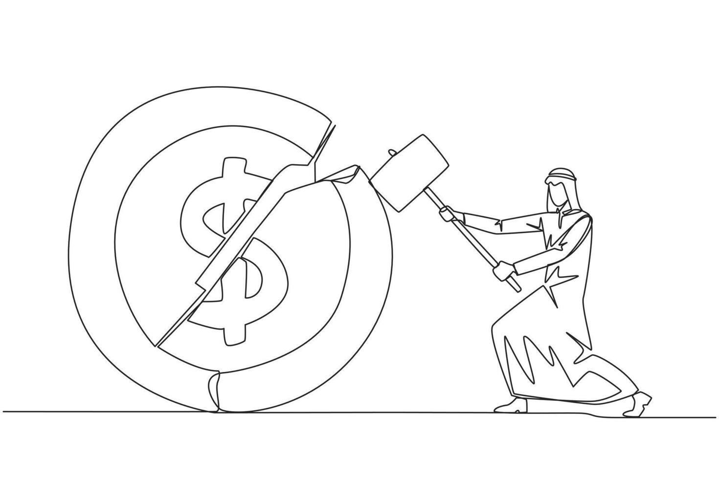 Continuous one line drawing Arab businessman preparing to hit coin with dollar symbol. Failed to get new investor. Failed to get income. Expressing anger. Single line draw design illustration vector