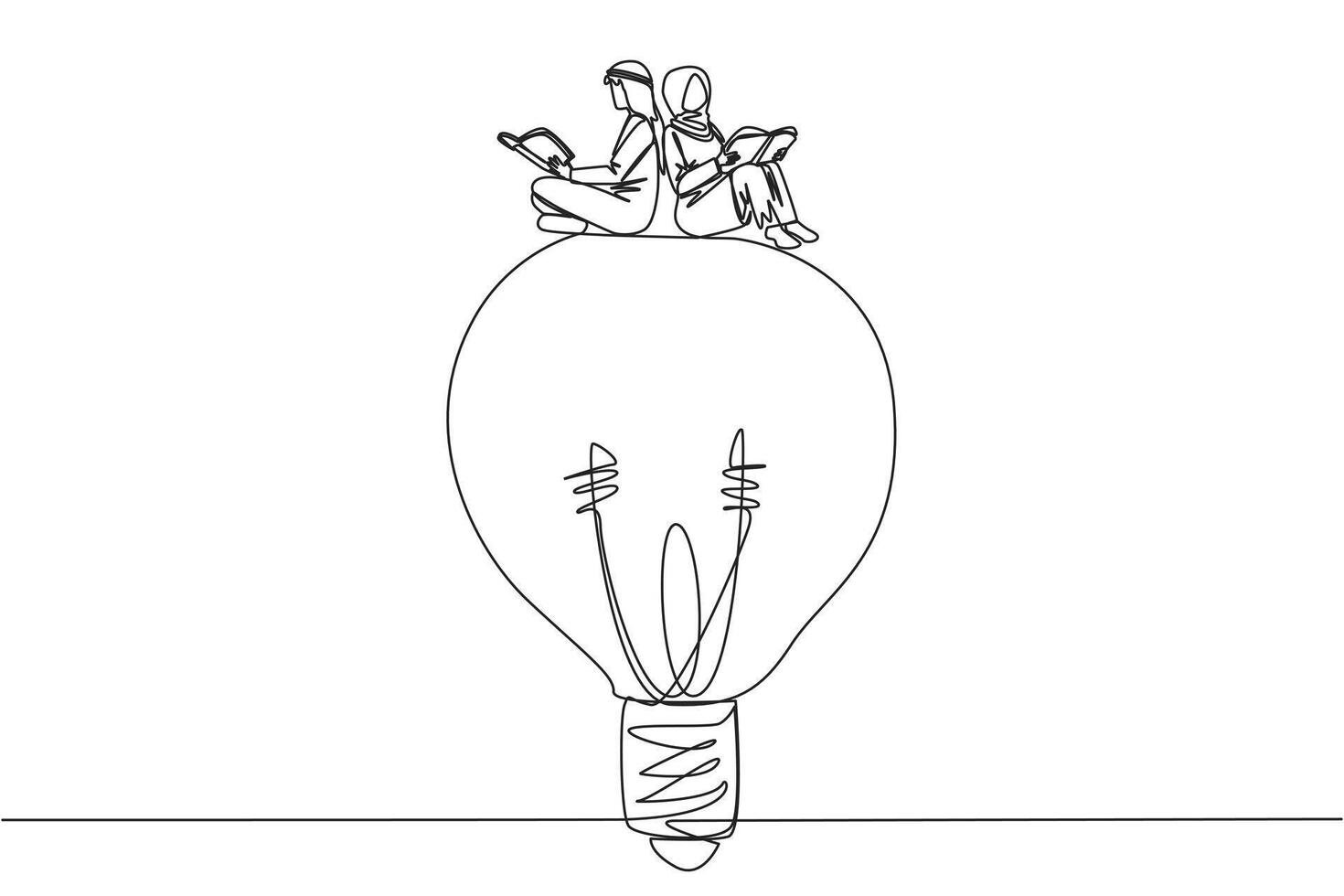 Single continuous line drawing Arabian man woman sitting on big lightbulb. Read with focus and serious. Metaphor looking for brilliant idea from scientific books. Book festival. One line design vector