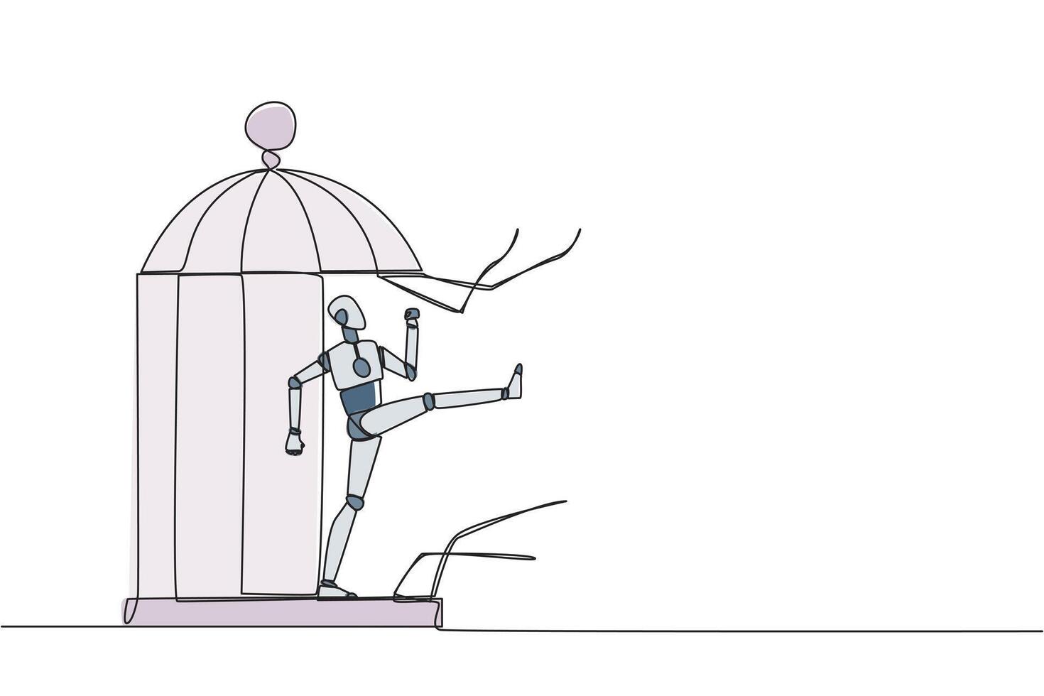 Single one line drawing robot trapped in the cage kick the caged until wrecked. Freedom of expression for the smooth running of business. Distractions. Continuous line design graphic illustration vector