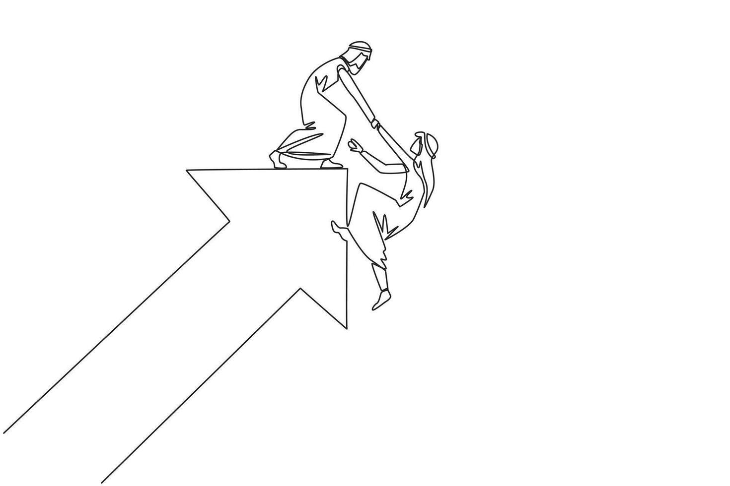 Single continuous line drawing Arabian businessman helps colleague climb rising arrow symbol. Compact teamwork. Positive effect on company. Complete work correctly. One line design illustration vector