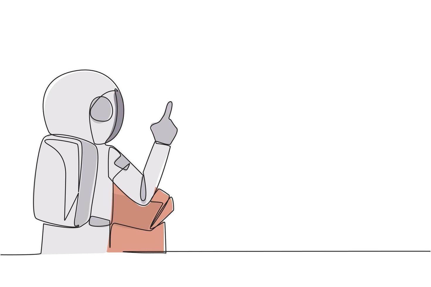 Single one line drawing from back view young astronaut speaking at podium while lifting index finger. Astronaut in Conference Hall present new business. Continuous line design graphic illustration vector
