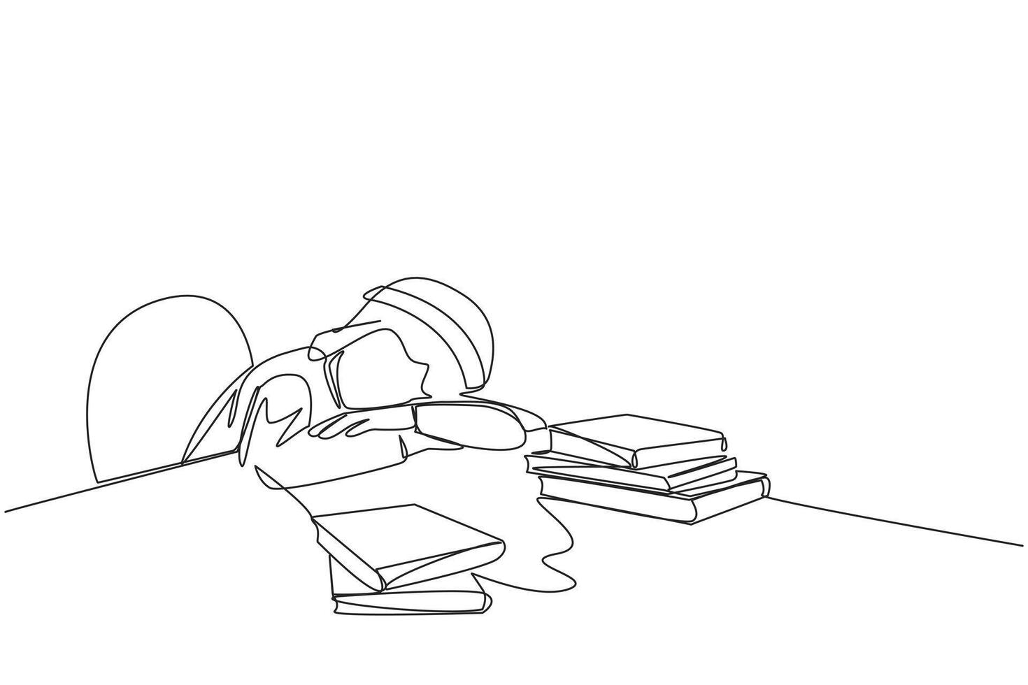 Continuous one line drawing Arabian man asleep at the table where there were piles of books. Tired after successfully finish favorite reading book. Reading. Single line draw design illustration vector